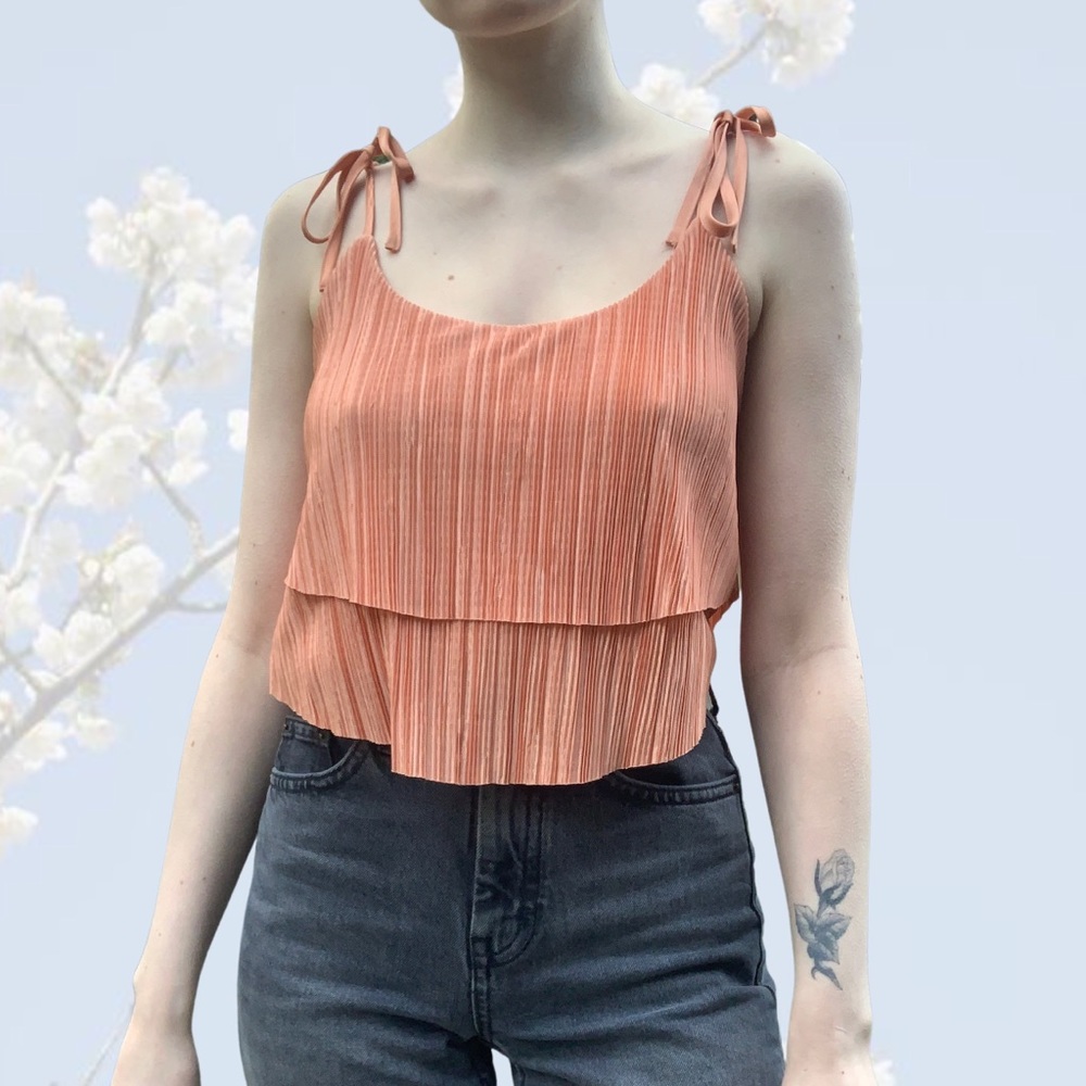 Peach shiny satin tiered tie strap tank top S